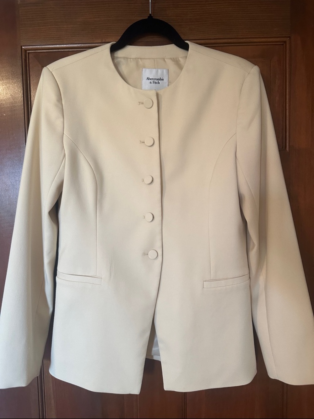 Abercrombie & Fitch Pale Yellow Collarless Button Front Suiting Blazer - Picture 5 of 7